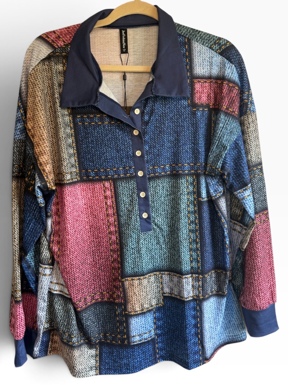NWT Just Fashion Now XL Faux Denim Patchwork Print Tunic Top Artsy Eclectic
